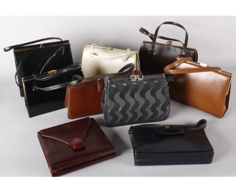Nine vintage hangbags, including: a brown leather bag by Bagcraft, an early 1960s black patent leather bag, a pale coloured h