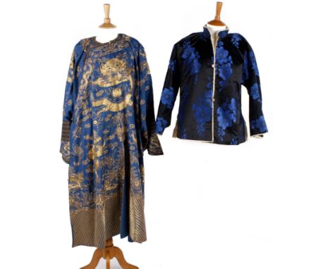 A Chinese blue silk robe embroidered with dragons in gold metallic thread with gilt metal button and loop fastening to the ne