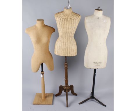 A Yugin & Sons female mannequin, with a pale linen torso on a metal base; with a late 20th century wicker display mannequin; 