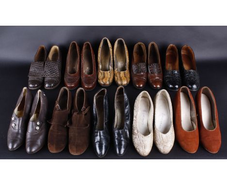 Ten pairs of early to mid 20th century ladies vintage shoes, including: 1930s brown leather shoes with hammered metal buckle,