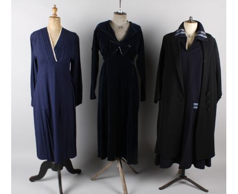 A 1920s grosgrain black coat with brocade lining; together with a 1920s navy blue day dress, a 1920s black coat, a 1930s navy