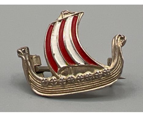 Prydz norway silver and enamel Viking boat brooch.