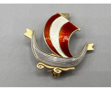 Aksel Holmsen 1931 norway sterling silver and enamel Viking boat brooch. In good condition
