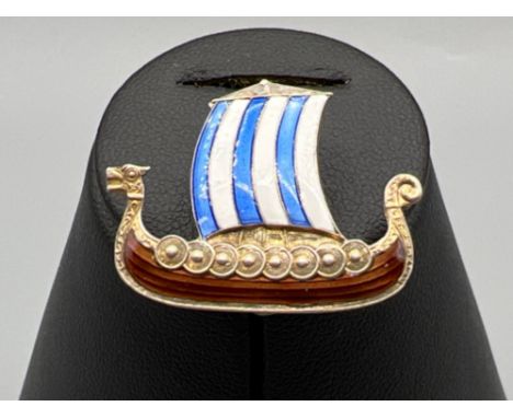 Aksel Holmsen norway silver and enamel Viking boat brooch. In good condition