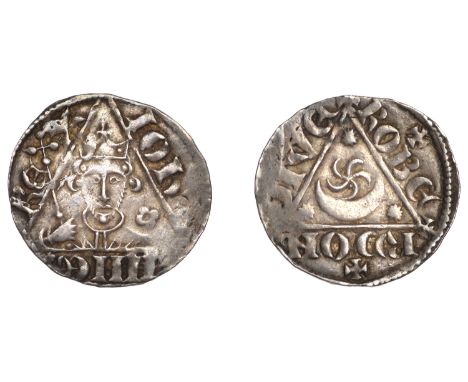 John (as King, 1199-1216), Third coinage, Penny, Dublin, Roberd, roberd on dive, king wearing decorated tunic, pellet on insi
