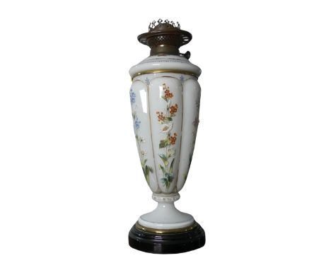 A Victorian opaque and painted glass Oil Lamp, by 'Wright &amp; Butler, Birmingham', burner marked 'The Perfect Duplex', lift