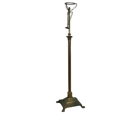 A large floor standing telescopic brass Lamp,&nbsp;raised on corinthian column and stepped base, H 153 cm, together with anot