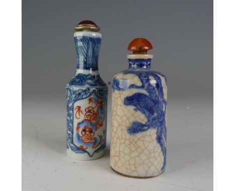 A Chinese porcelain blue and white crackleware Snuff Bottle, of shouldered tapering conical form, underglaze depictions of bi