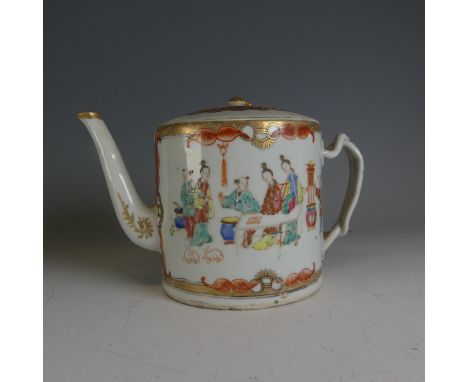 An antique Chinese porcelain Teapot, red scale decoration with colourful enamels of figures, cross over handles, H 13.5cm.Pro