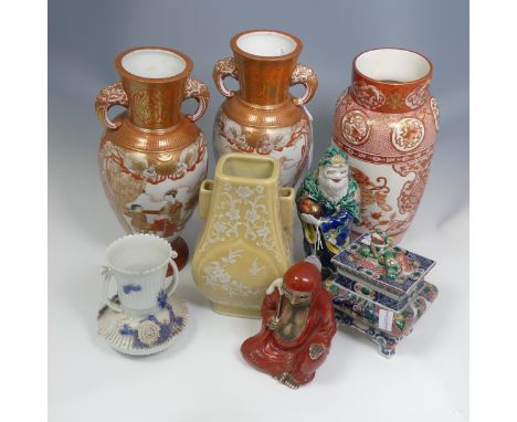 A quantity of decorative Japanese and Chinese Ceramics, to comprise three Kutani Vases, a pair of interesting Chinese Teapots