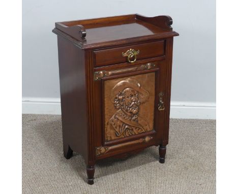 An Arts and Crafts mahogany Smoker's Cabinet, in the style of Shapland and Petter, with copper straps and embossed panel poss