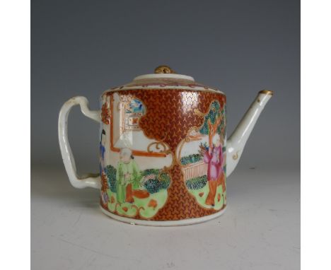 A 19thC Chinese porcelain mandarin palette Teapot, of tapering cylindrical form, with scale decoration, cross over handles, c