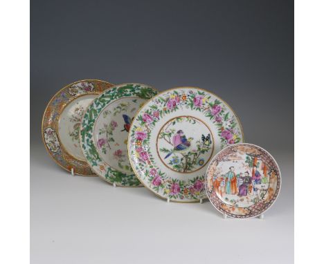 A 19thC Chinese porcelain canton rose Plate, decorated with flora and fauna, D 19.5cm, together with two 19thC Chinese famill