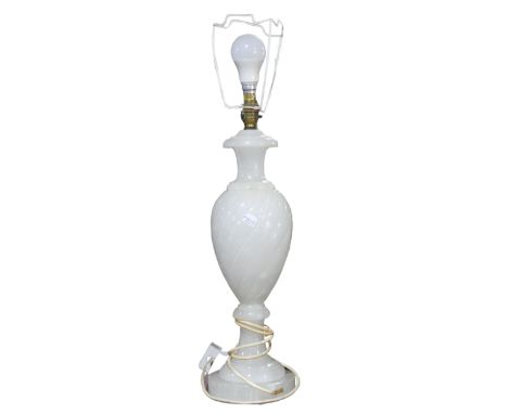 A Chinese style carved Lamp, probably alabaster, H 65 cm, together with a pair of column Lamps and a corinthian column Lampa(