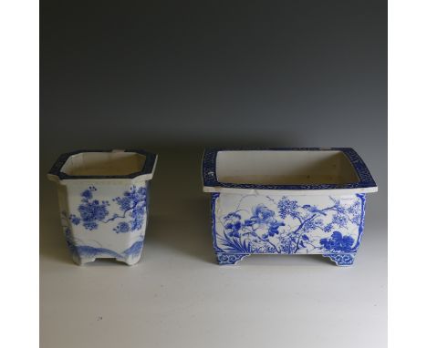 A 20thC Japanese Seto porcelain Planter, of rectangular form, decorated in underglaze blue depictions of birds perched amongs