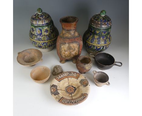 A quantity of ceramic Antiquities, and antiquity style ceramics, to comprise Bowls, Plate, a three-footed Vase, H 25cm, etc. 