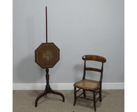 A 19th century mahogany Pole Screen, with octagonal embroidered panel raised on tripod base, H 132 cm, together with an antiq