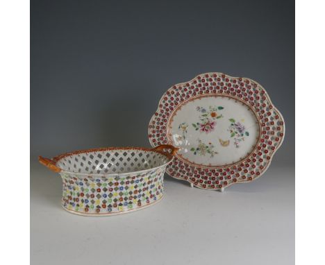 A 19thC Chinese export porcelain reticulated Basket and associated Saucer, with interior painted floral sprays, embellished w