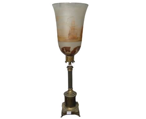 A antique brass table Lamp / candle Holder, large painted frosted glass goblet shade, depicting ships, raised on corinthian c