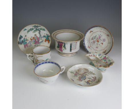 A 19thC Chinese porcelain Cup and Saucer, of moulded form with overpainted decoration, together with a quantity of Chinese fa