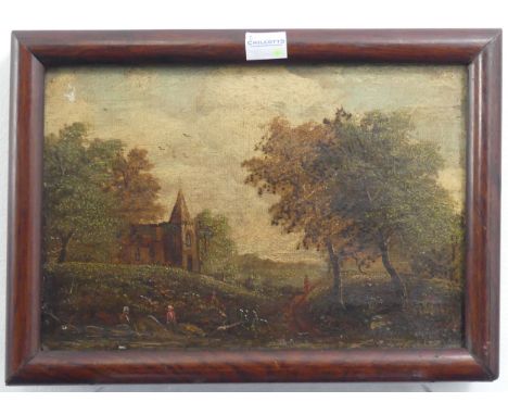19th century Continental School, Interior scene with Monk and Lobster, oil on panel, 20cm x 15cm, framed, together with two o