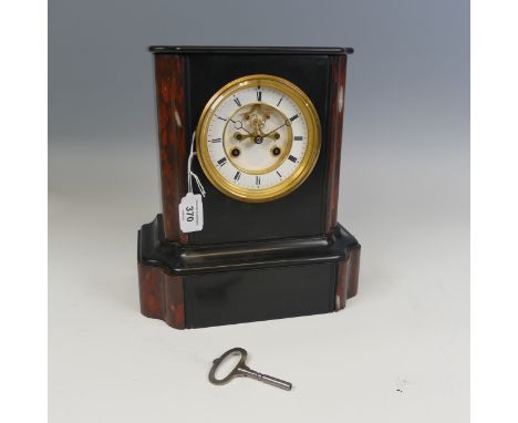 A 19th century French&nbsp;8-day mantle Clock, in slate case with marble relief,&nbsp;enamel dial with roman numerals and ste