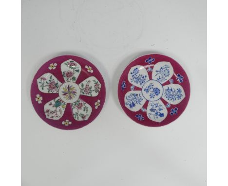 An unusual Chinese porcelain ruby ground Saucer, probably Yongzheng, interspersed with overglaze blue floral morifs, D 11.7cm