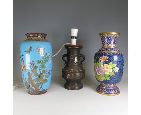 A 20thC Japanese cloisonne baluster Vase, decorated in floral motifs, H 31cm, together with a Cloisonne Vase, in blue ground,