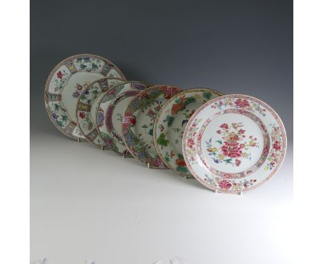 A quantity of mid 18thC Chinese famille rose porcelain Plates, to comprise a pair decorated to the well with ornate flower ba