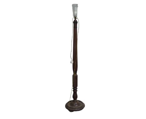 A mahogany standard Lamp, raised on carved and reeded column, H 162 cm, together with a mahogany barley twist plant Stand, H 