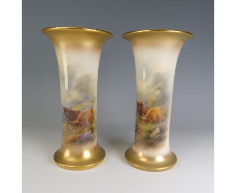 A pair of Harry Stinton for Royal Worcester Highland Cattle Sleeve Vases, with flared rim and base heavily gilded enclosing c
