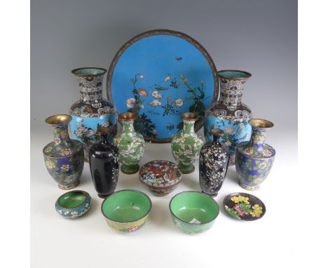 A quantity of Asian cloisonne Wares, to comprise a pair of shouldered foliate Vases, H 15cm, together with a larger pair of b