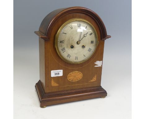 A late 19th / early 20th century mahogany inlaid mantel Clock, with a stamped 'Japy Freres' movement, silvered dial with Roma