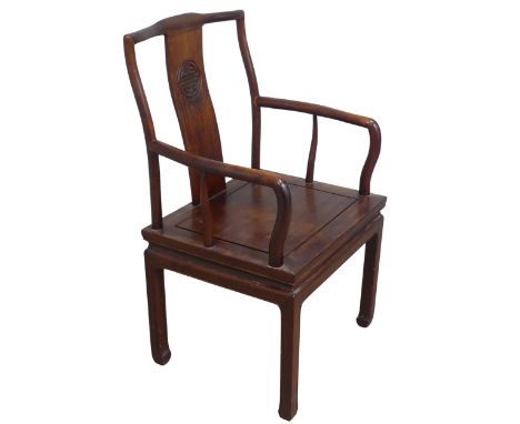 A 20th century Chinese hardwood open Armchair, raised on tapering supports, W 56 cm x H 96 cm x D 46 cm.Provenance - The Dami
