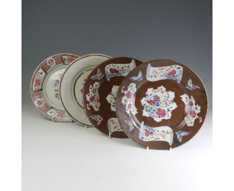 A pair of mid 18thC Chinese Cafe-au-lait famille rose Plates, each decorated with overpainted brown-ground, with shaped panel