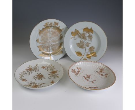 An unusual 19thC Chinese export porcelain Plate, the plain ground with gilded foliate representation, D 23cm, together with a