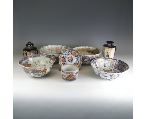 A 19thC Japanese Imari palette porcelain Bowl, with lobed rim, D x H, together with an Imari Plate, another Bowl, this one ve