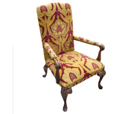 A George III style stained open Armchair, with Art Nouveau inspired upholstery and scroll carved arms, raised on four cabriol