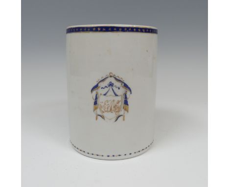 An 18thC Chinese export armorial porcelain Mug, with cobalt blue and gilded decoration and central crest initialled 'EMC', H 