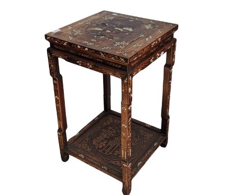 A fine 19th century Chinese hardwood inlaid side Table, inlaid with ivory and exotic woods, square top depicting detailed flo