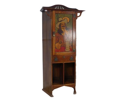 A Shapland and Petter of Barnstaple Arts and Crafts oak hall Cabinet / Cupboard, with stencilled panel possibly depicting Sir