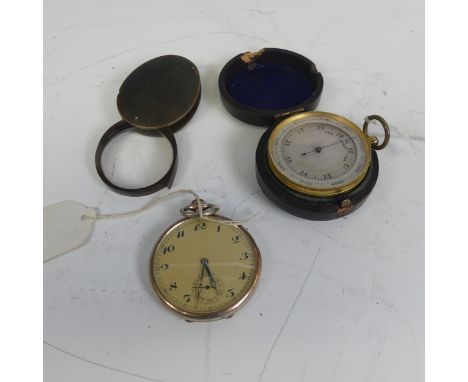 A 19th century pocket Barometer, in leather case,&nbsp;silvered dial with Arabic numerals, together with a 19th century torto