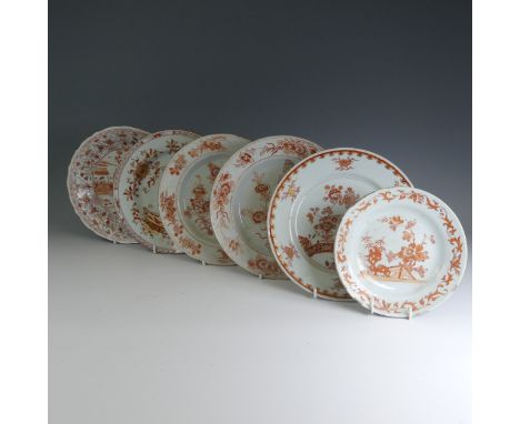 A matched of 18thC Chinese export porcelain Plates, decorated in iron red flora, D 22cm, together with three further Chinese 