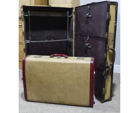 A vintage Wardrobe Trunk, locked stamped 'Yale', together with another Suitcase(2)