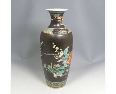 An antique Chinese famille noir porcelain Vase, black ground with colourful enamels of prunus and chrysanthemum, of shouldere