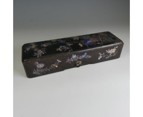 An antique Japanese lacquer Scholar's Box, decorated heavily with mother of pearl inlays depicting chickens amongst flora, H 