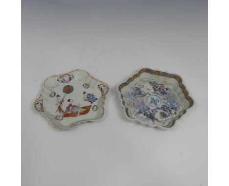 A 19thC Chinese porcelain Teapot Stand, of lobed hexagonal form, decorated with scene of dignitary, D 13.5cm, together with a