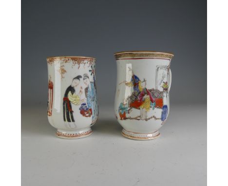 A 19thC Chinese porcelain baluster Mug, decorated in colourful enamels of figures in an interior scene, on foot, H 13.5cm, to