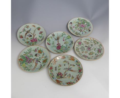 A small quantity of 19thC Chinese famille rose celadon Plates, each decorated in the typical style, some with marks verso, th