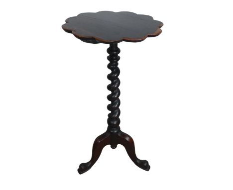 An antique mahogany wine Table, petal shaped top raised on barley twist column, upon tripod cabriole base, W 37 cm x H 72 cm 